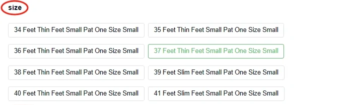 The same size selector rendered in English, each option reading like machine translation, for example thirty seven Feet Thin Feet Small Pat One Size Small