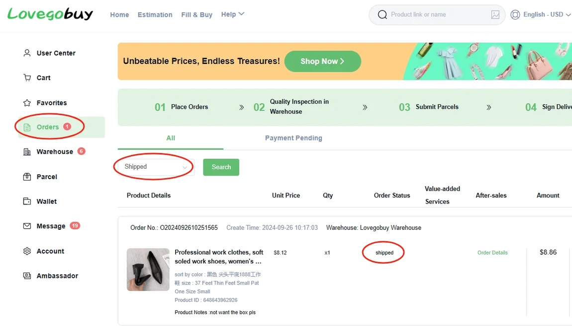 An order list showing four numbered stages across the top, place orders, quality inspection in warehouse, submit parcels and sign delivery, with a status filter and an order status column both circled in red, and a product notes line reading not want the box pls
