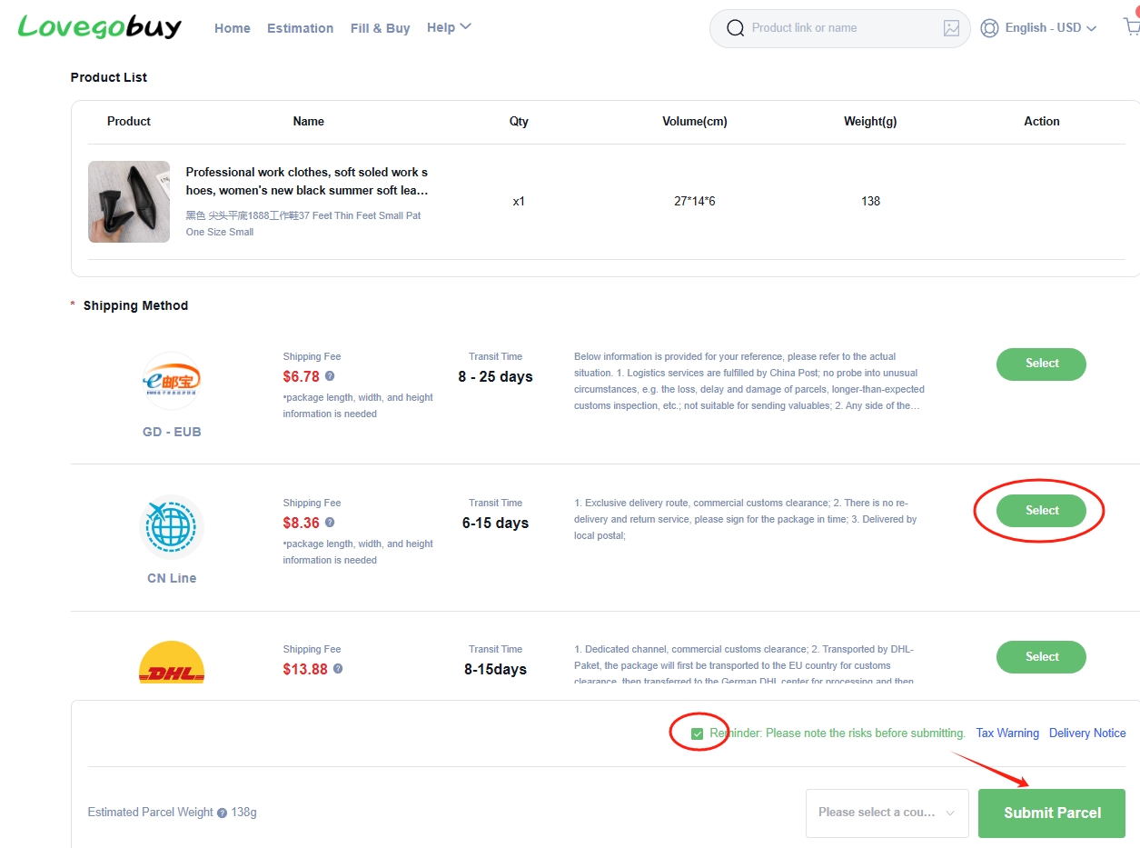 Official shipping selection example with item dimensions, route choices, an acknowledgement and Submit Parcel button