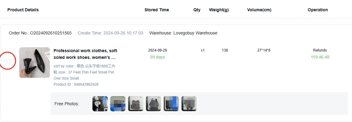 Stored order record showing Free Photos and the Refunds countdown